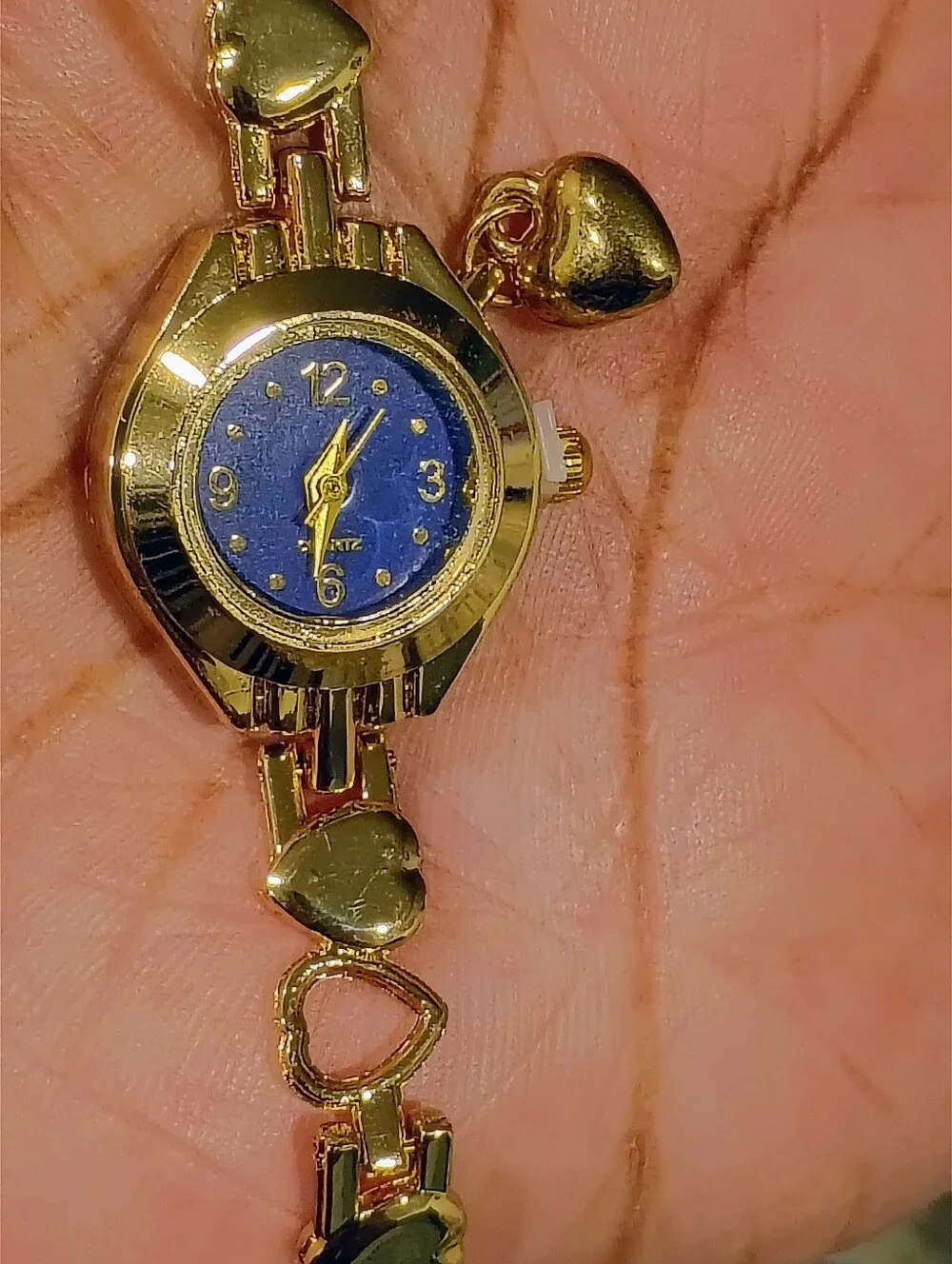 New Gold-Tone Women's Heart Link Watch with Blue Dial